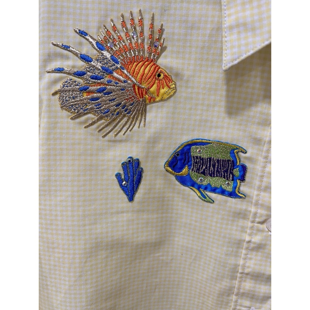 Tia Designs Pompano Beach Vintage Yellow Gingham Sea Life Appliques Small Blouse - Picture 5 of 13